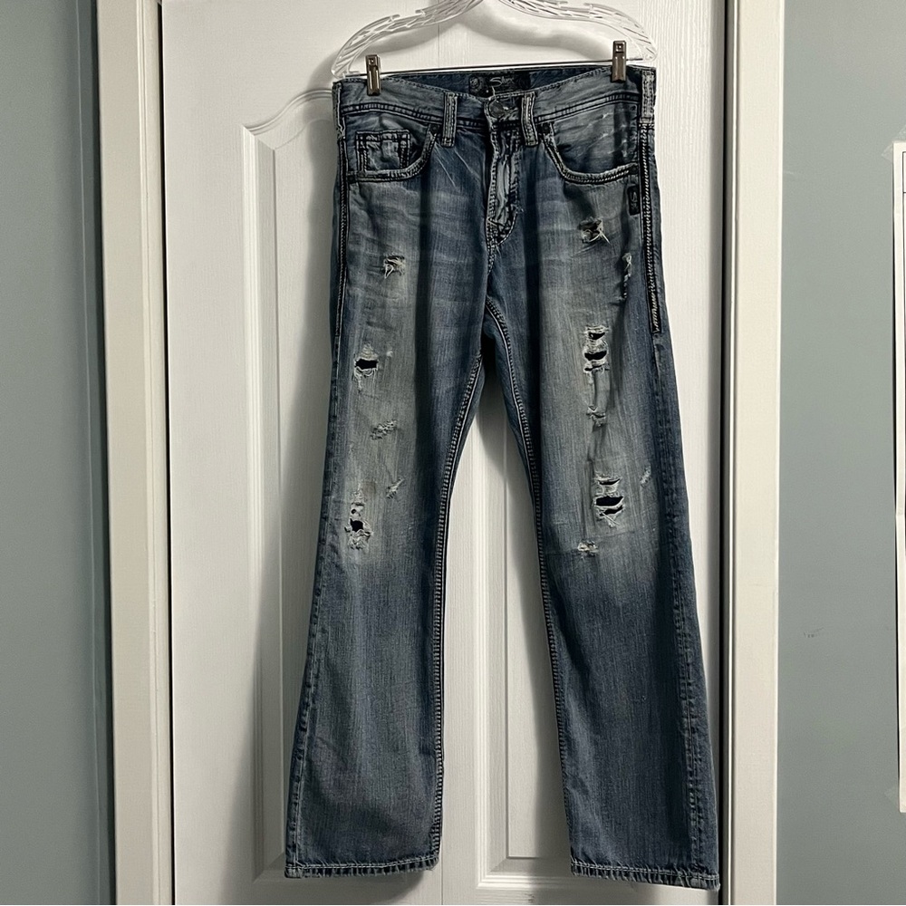 SILVER JEANS ZAC distressed straight leg denim jeans men’s size 31 blue